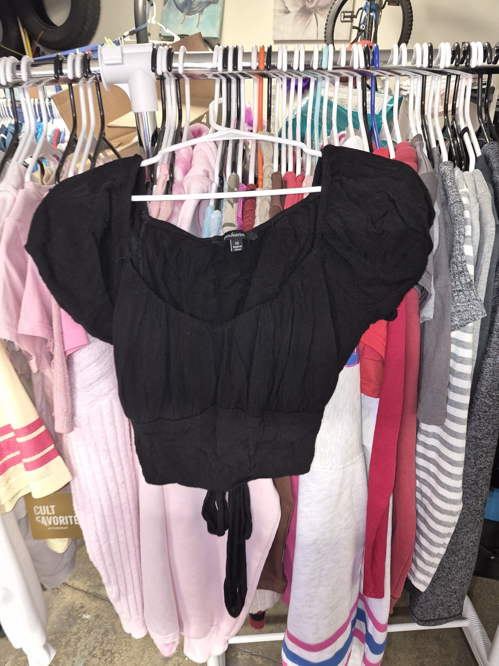 Ambiance Apparel Black Tie-Hem Short Sleeve Blouse